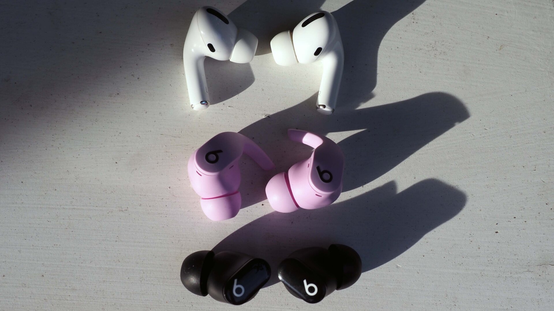From top to bottom: AirPods Pro, Beats Fit Pro, Beats Studio Buds.