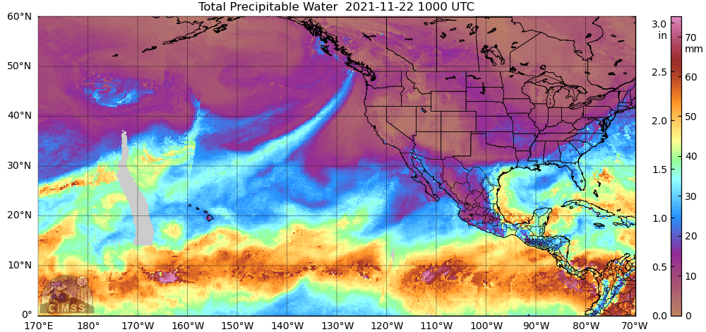 A zoomed out satellite view of total precipitable water, a measure of how wet the atmosphere is, showing a tongue of moisture heading to the Pacific Northwest from Hawaii.