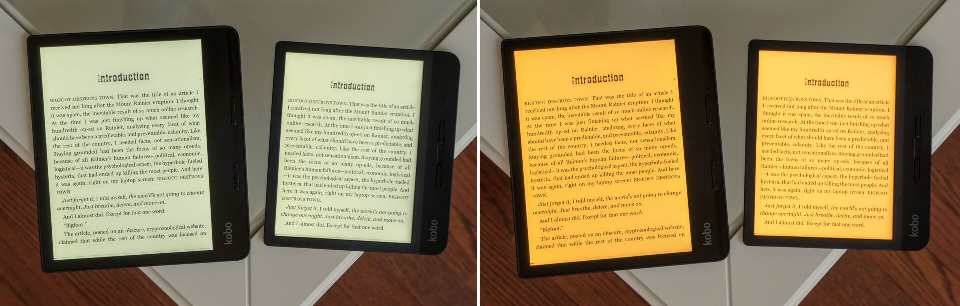 The Kobo Libra’s screen (right) is slightly brighter than the Sage’s (left) when brightness settings are maxed out, but the upgrades screen on the Sage (left) offers noticeably better contrast.