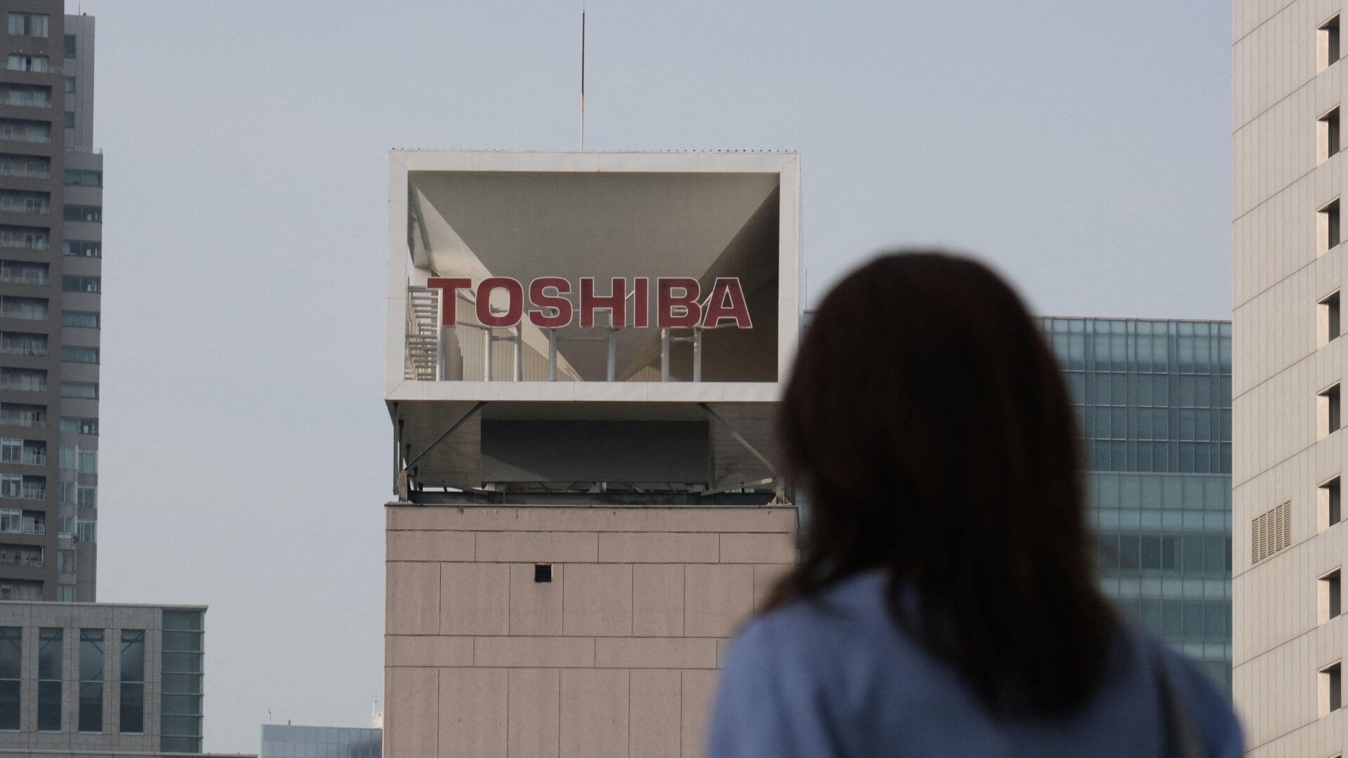 The logo of Japan’s Toshiba is displayed at the company’s headquarters in Tokyo.