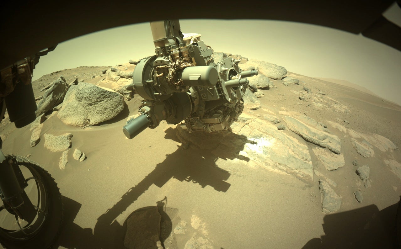 Perseverance works on an interesting rock, in an image captured by one of the rover’s Hazard Avoidance cameras on November 9, 2021.