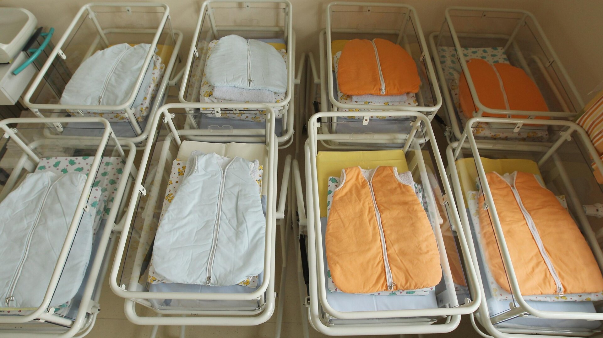 Empty newborn beds in the maternity ward of a hospital.