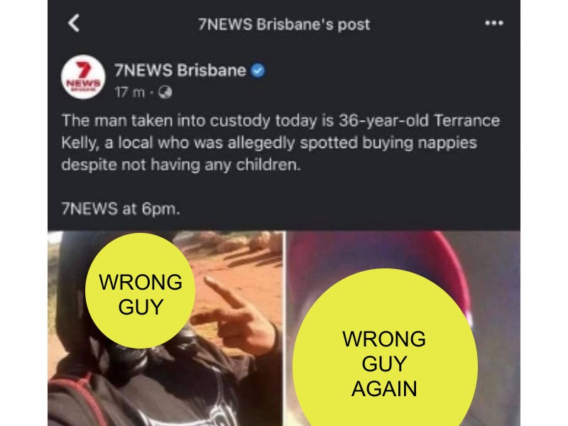 A screenshot of the tweet wrongly pinning the crime on an innocent man, with annotations by Gizmodo