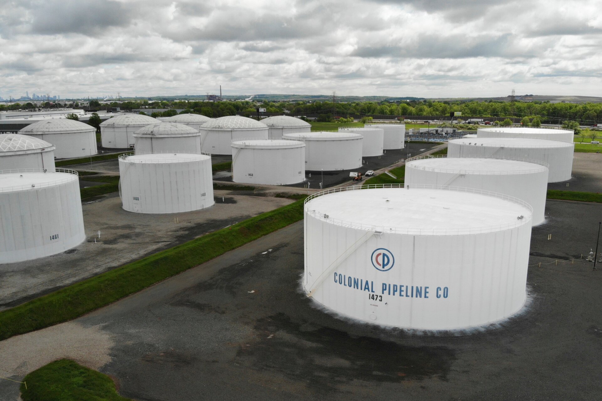 Colonial Pipeline storage tanks are seen in Woodbridge, N.J., Monday, May 10, 2021.