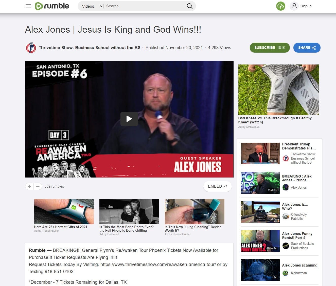 Chumbox ads, appear below a video featuring Alex Jones on Rumble.com. Each of the ads links to trends.revcontent.com, which is operated by Revcontent.
