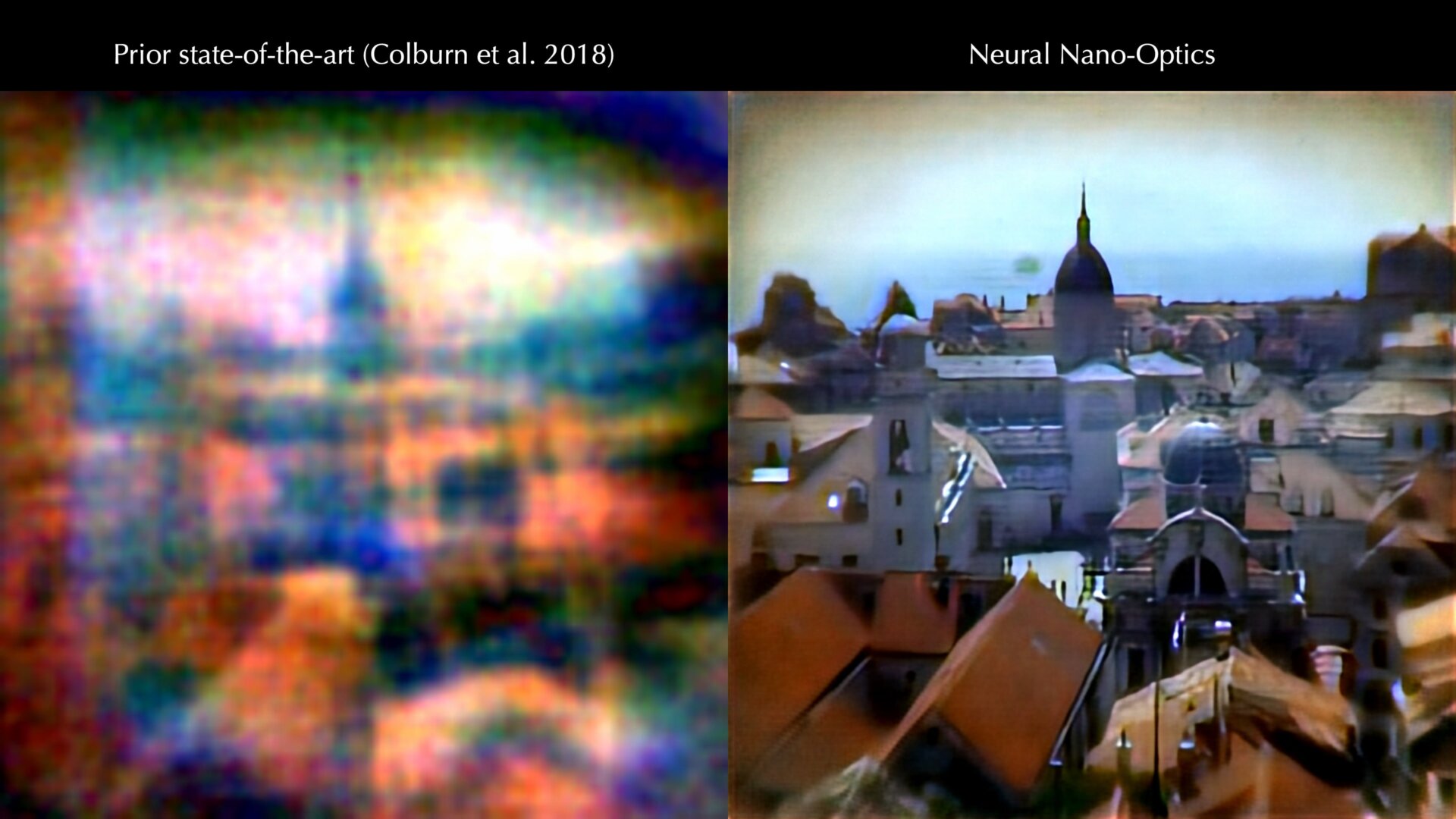 The city of Venice, as seen by the neural nano-optical camera (right) compared to an earlier, similar camera (left).