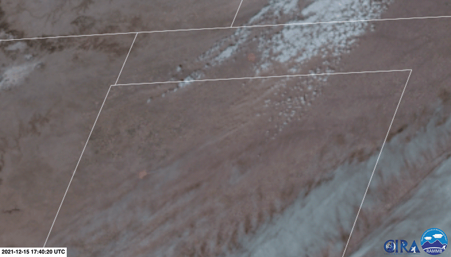 A satellite view of wildfires igniting in the Texas and Oklahoma panhandles. The red are fire hotspots and the smoke moving eastward is clearly visible.