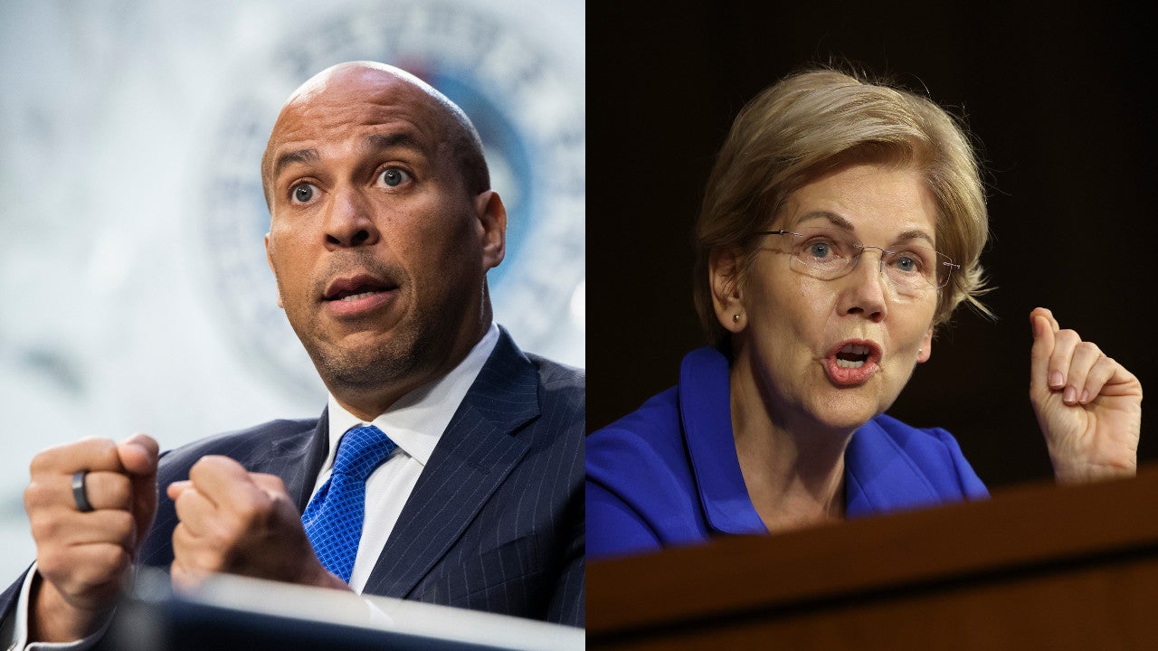 Sen. Cory Booker (left) and Sen. Elizabeth Warren in file photos from Getty Images