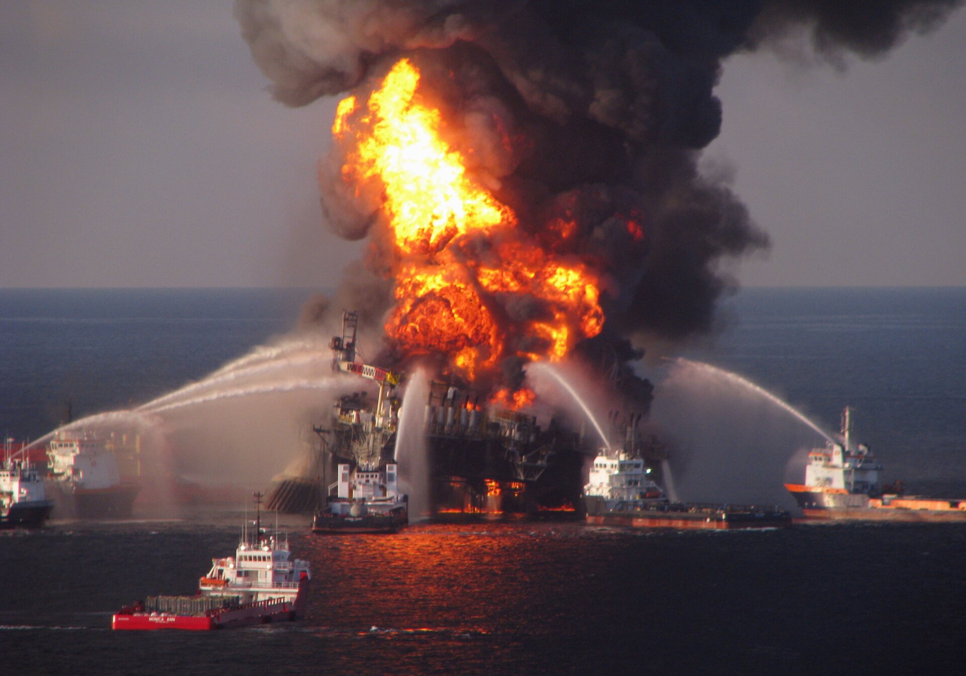 Fire boat response crews spray water on the burning BP Deepwater Horizon offshore oil rig on April 21, 2010.