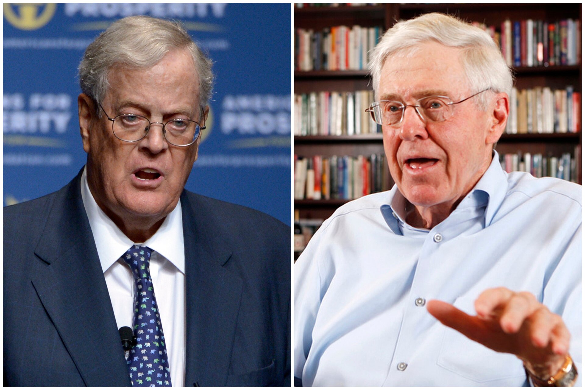 This combination of 2013 and 2012 file photos shows brothers David, left, and Charles Koch.
