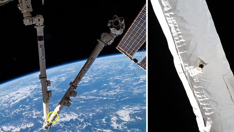 Space debris pierced a hole in Canadarm2.