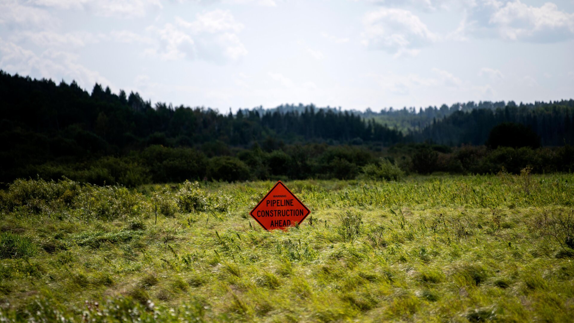 Signage marks construction of the Line 3 Pipeline project near the Mississippi River.