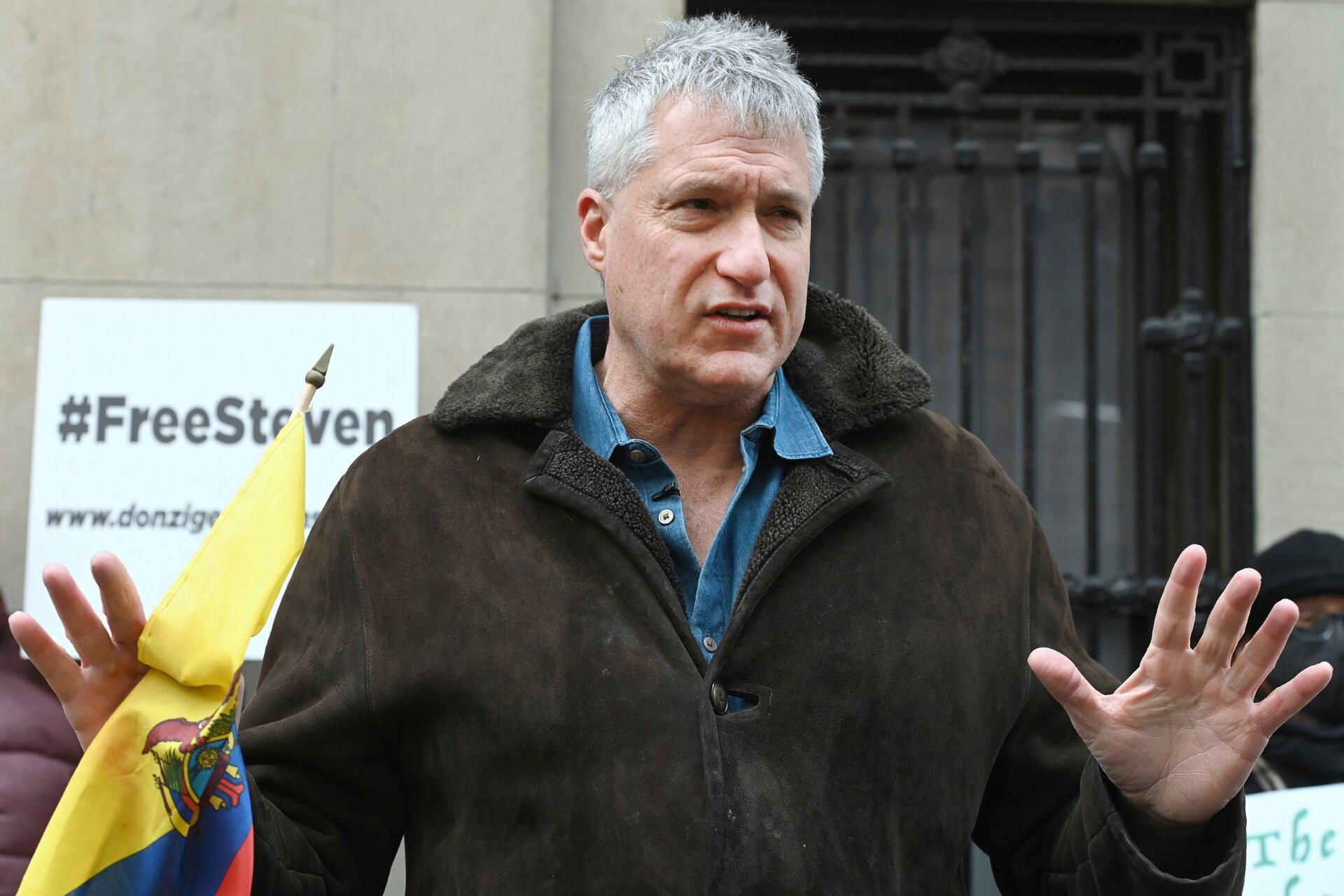 U.S. Attorney Steven Donziger speaks at gathering held in front of his residence to mark his 500th day under house arrest, New York, NY, December 18, 2020. 