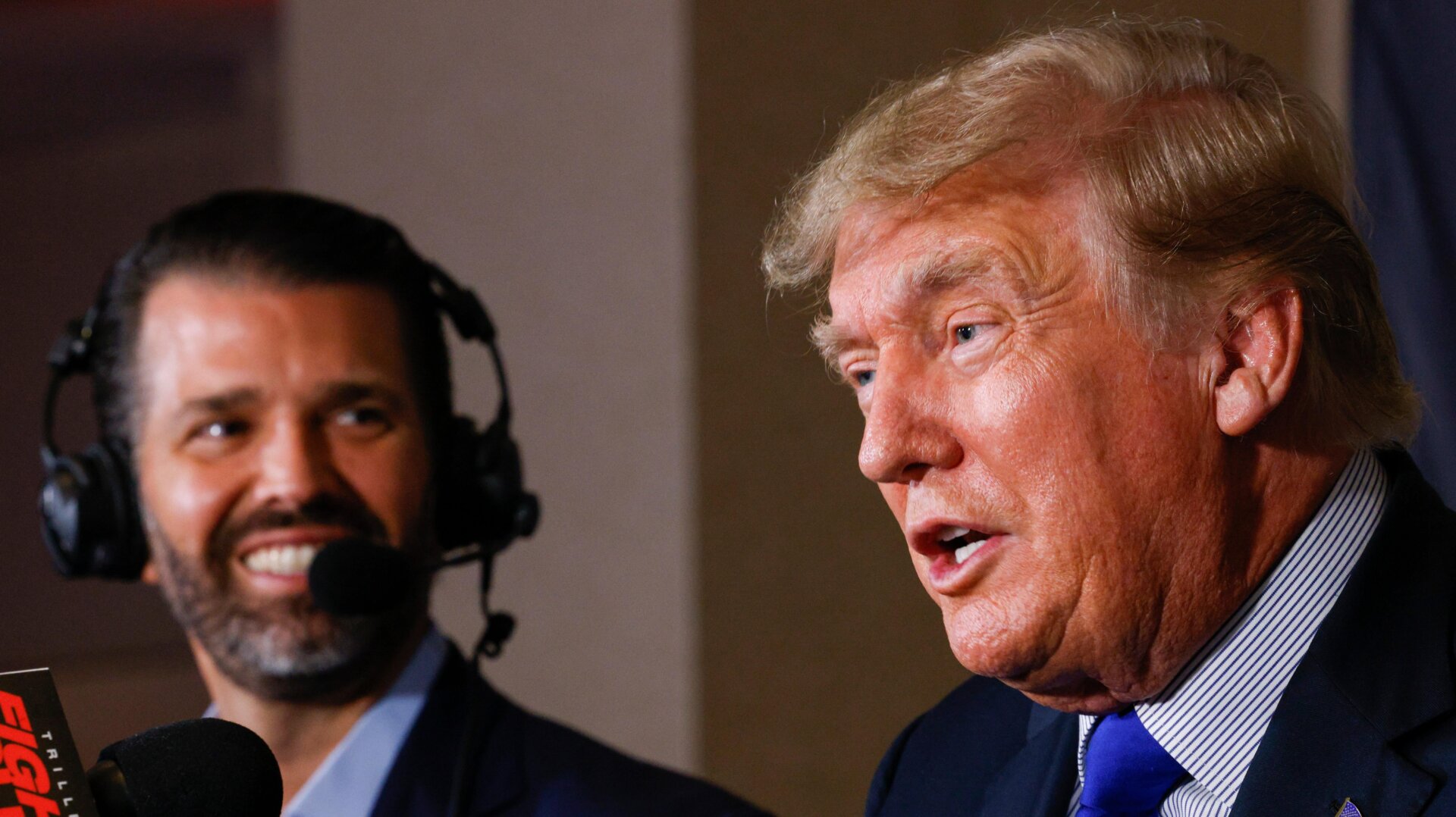 Donald Trump and his son, Jr., at the Evander Holyfield/ Vitor Belfort fight at Seminole Hard Rock Hotel and Casino in Hollywood, Florida on Sept. 11, 2021.