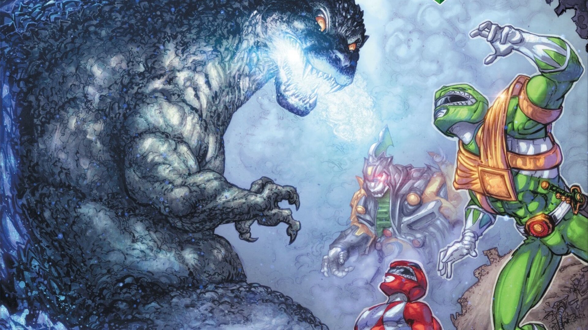 Partial cover art of Godzilla Vs. the Mighty Morphin Power Rangers #1 by Freddie Williams II.