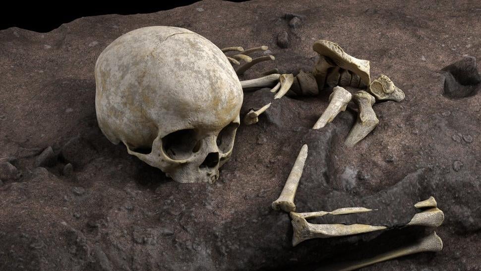 An artist’s rendering of the child bones as they were deposited in the burial pit.