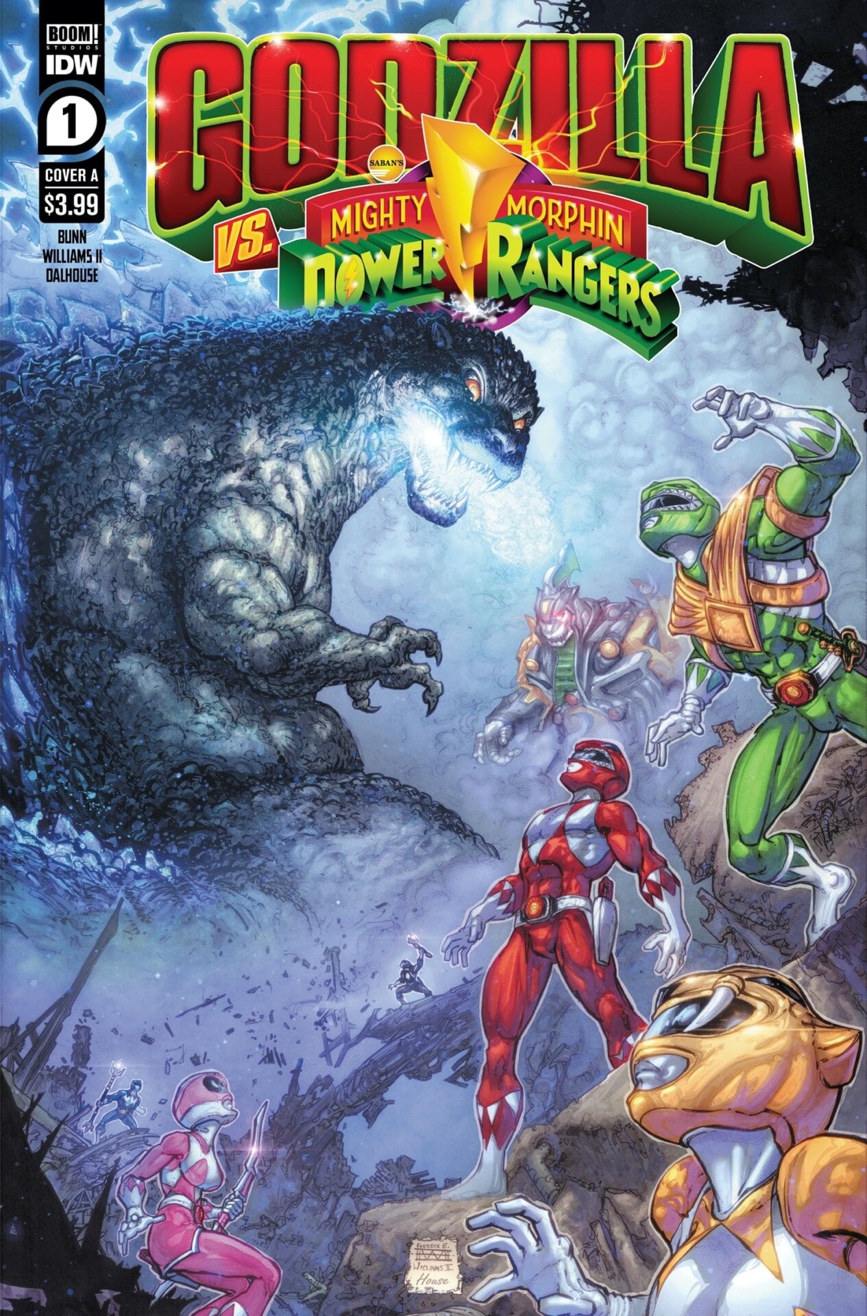 Full cover art of Godzilla Vs. the Mighty Morphin Power Rangers #1 by Freddie Williams II.