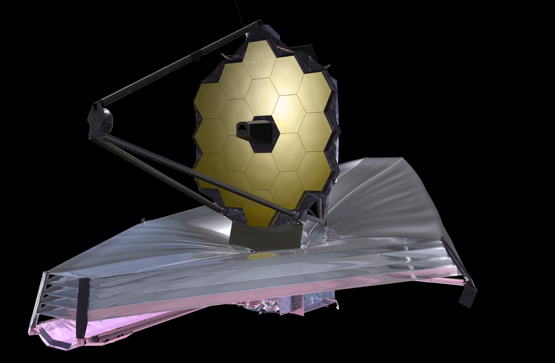 A rendering of the James Webb Space Telescope, completely deployed.
