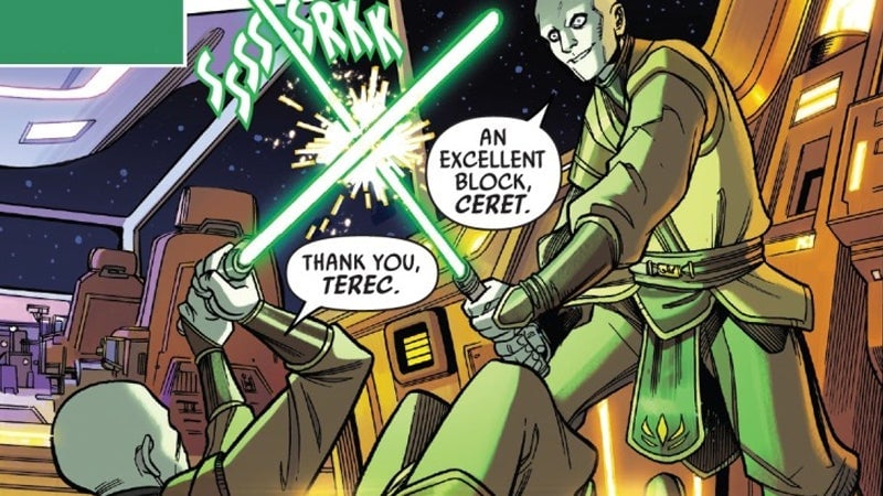 Terec and Ceret, a pair of bond-twin Kotabi who were revealed to be Star Wars’ first Transgender characters, as they appear in Marvel’s Star Wars: The High Republic comic series.