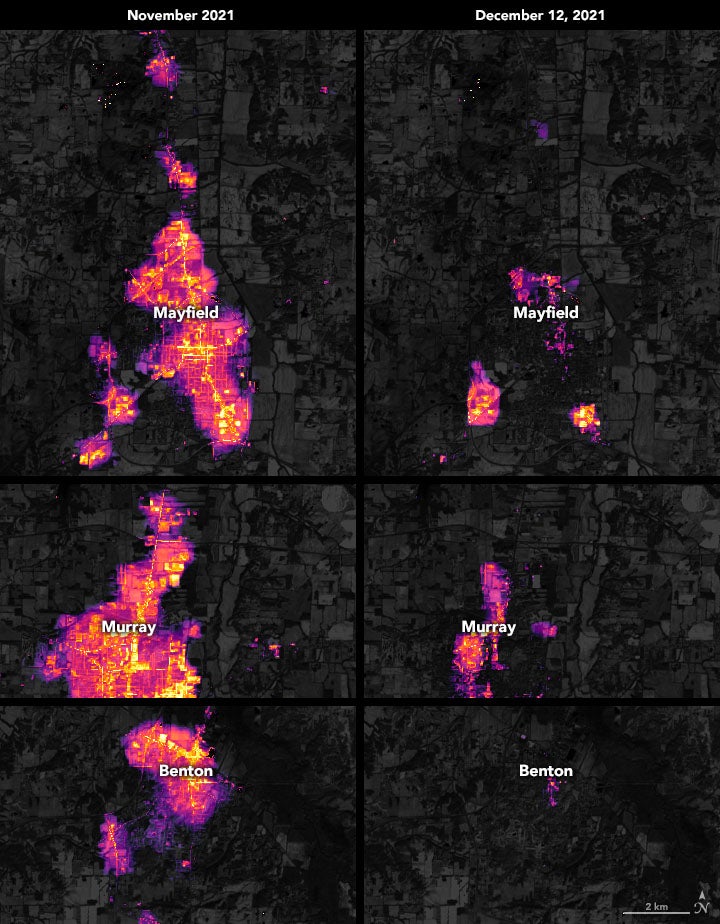 Before and after images show night lights in towns hit hard by the deadly December tornado outbreak.