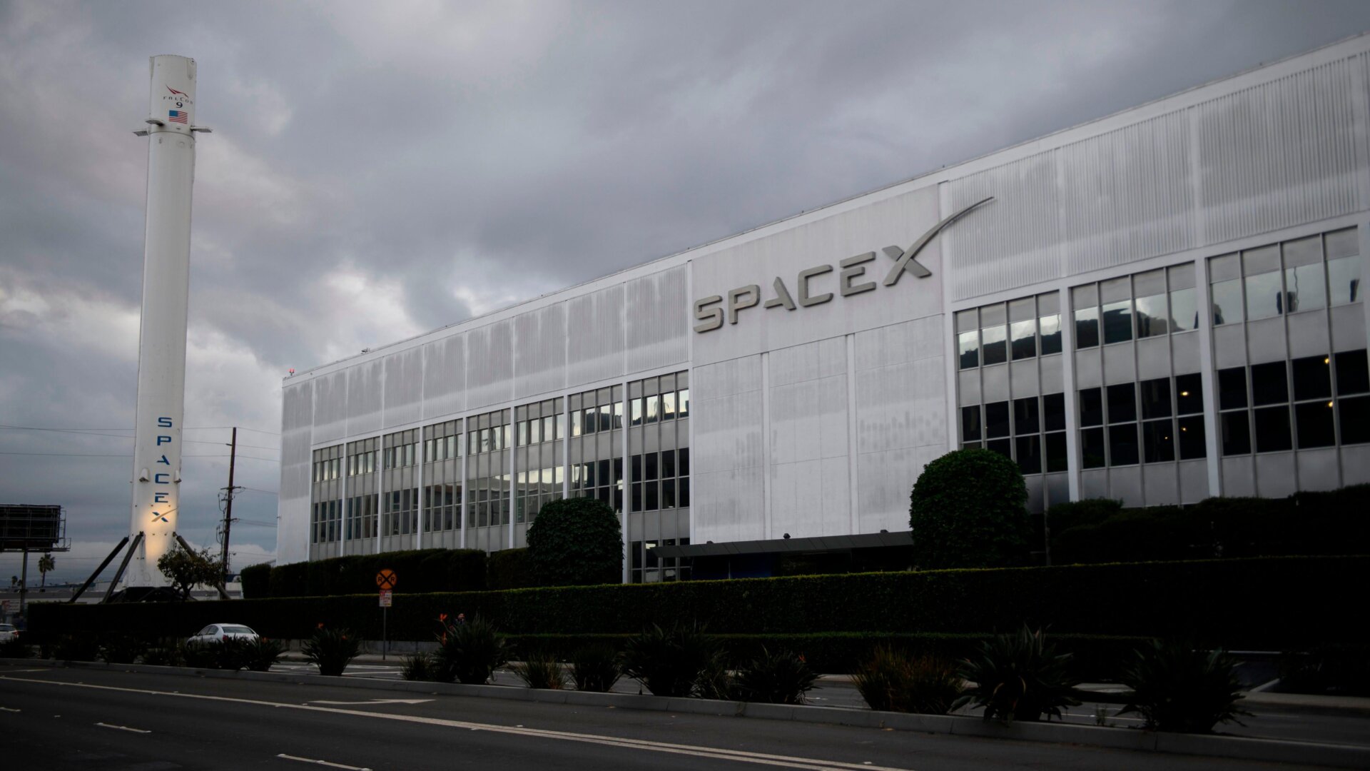 A Falcon 9 rocket is displayed outside the SpaceX headquarters on January 28, 2021 in Hawthorne, California.