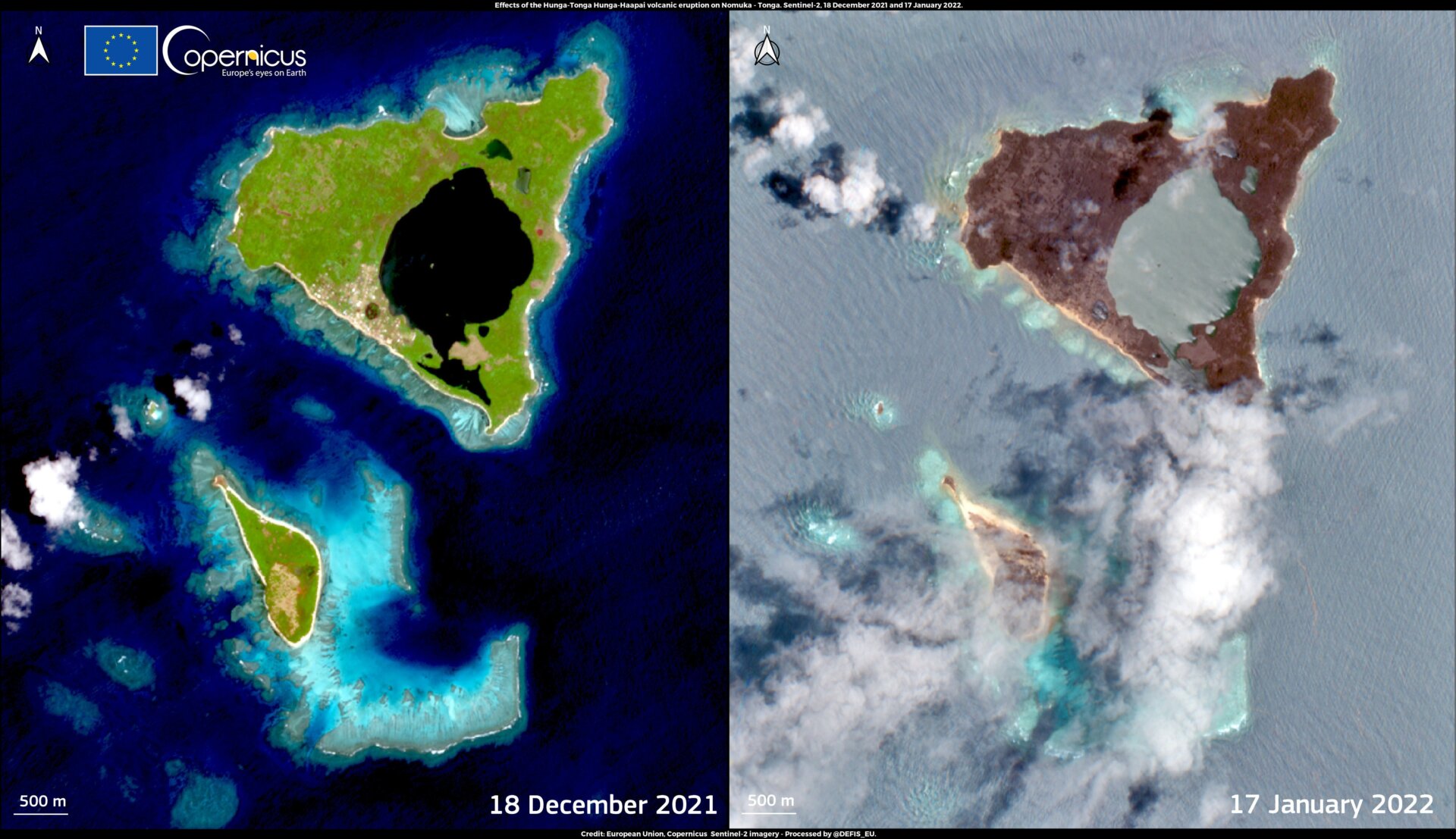The impact of the Tongan volcanic eruption can be seen on the island of Nomuka when comparing before and after satellite images.
