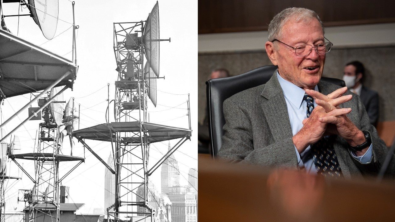 Radar antennas on the roof at 140 West St., of the New York Telephone Company, showing skyline of downtown Manhattan, Oct. 31, 1945 (left) and Senator Jim Inhofe at the U.S. Capitol, in Washington, D.C. on January 13, 2022 (right).