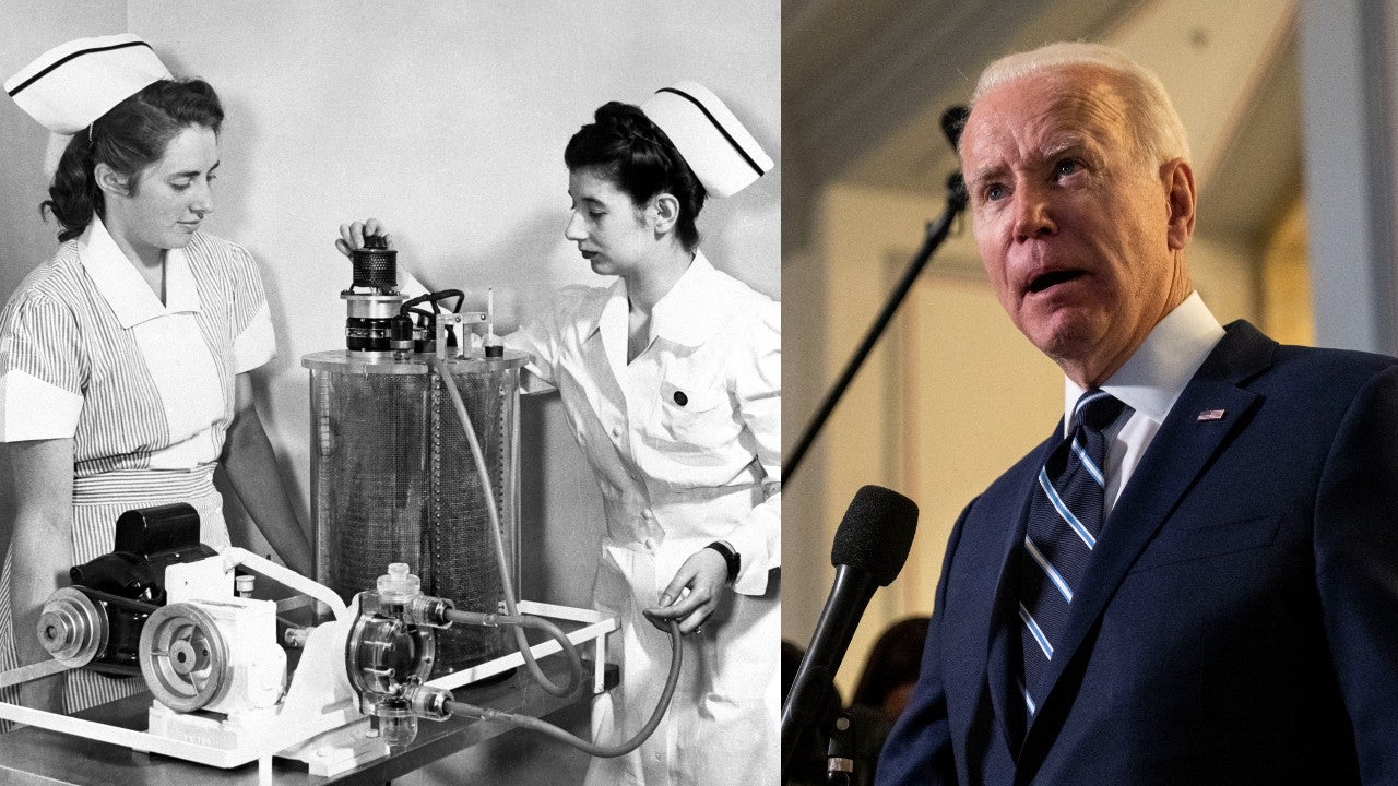 Nurse Phyllis M. Dion demonstrates the “artificial kidney” dialysis machine developed by Dr. George E. Slotkin on July 23, 1948 in Buffalo, NY. (left) and Joe Biden in Jan. 2022 (right).