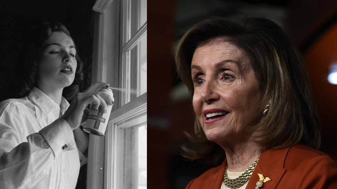 An aerosol spray can being used circa 1955 (left) and Rep. Nancy Pelosi on January 13, 2022 (right).