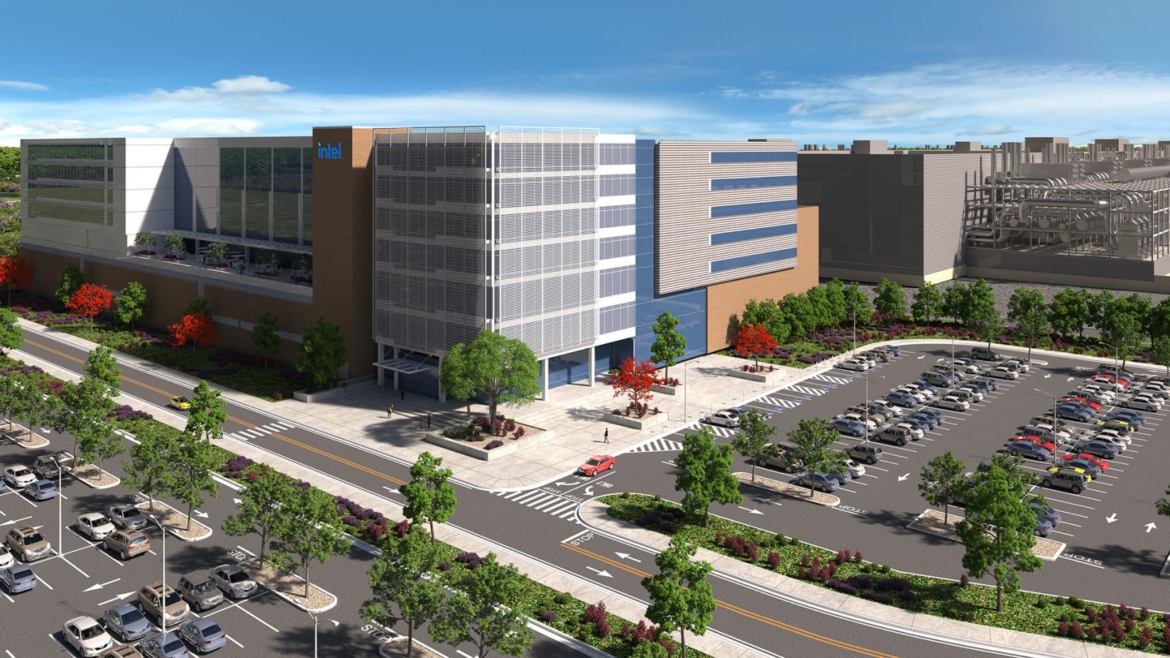 A rendering of Intel’s planned $20 billion microchip production facility, currently scheduled to come online in 2025.
