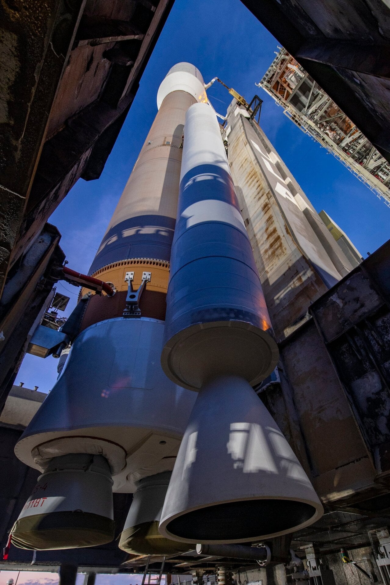 A view of the rocket with its lone solid-fueled booster.