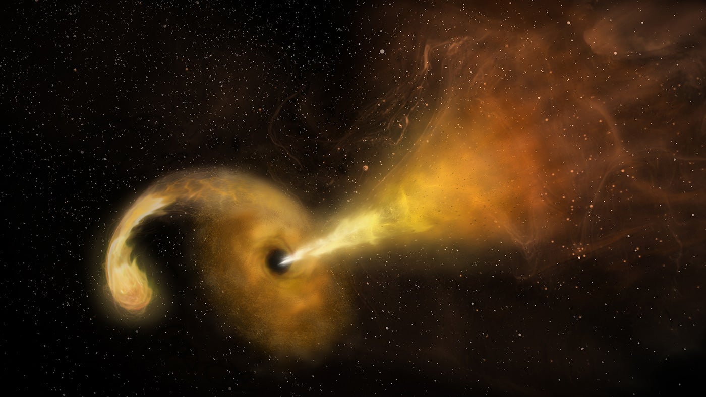 An artist’s conception of a supermassive black hole spewing a relativistic jet.