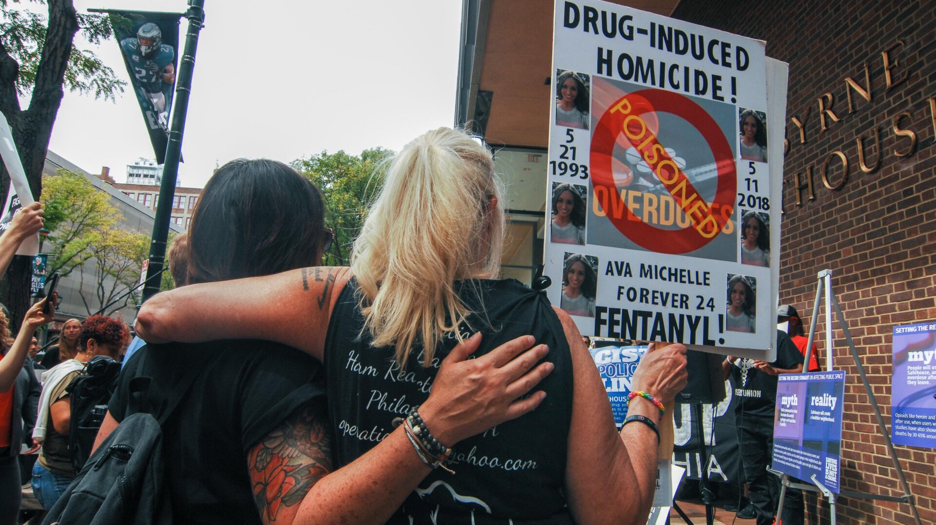 Advocates for safe injection sites rally in front of the James A Byrne Federal Courthouse in Philadelphia to show their support for evidence-based harm reduction policies, in a photo taken September 5, 2019.
