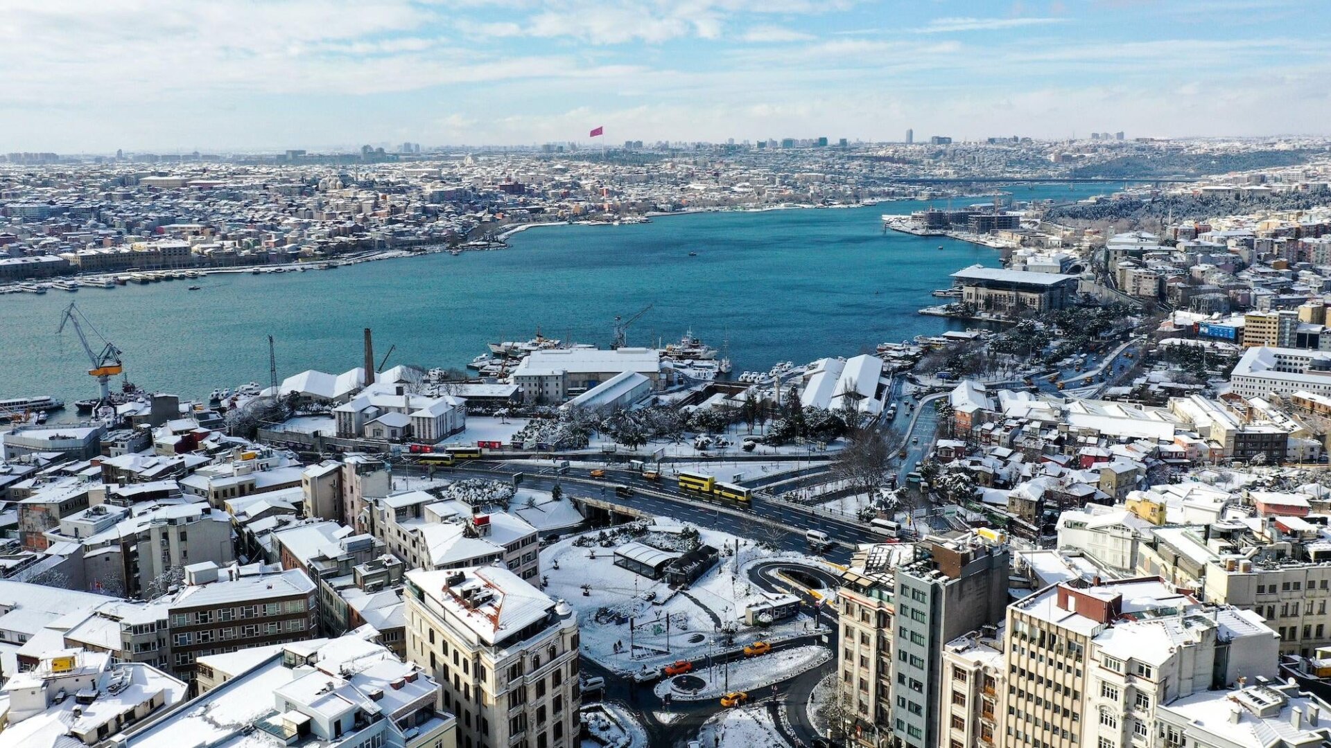 A drone photo shows an aerial view of Halic and its surroundings after heavy snowfall in Istanbul.