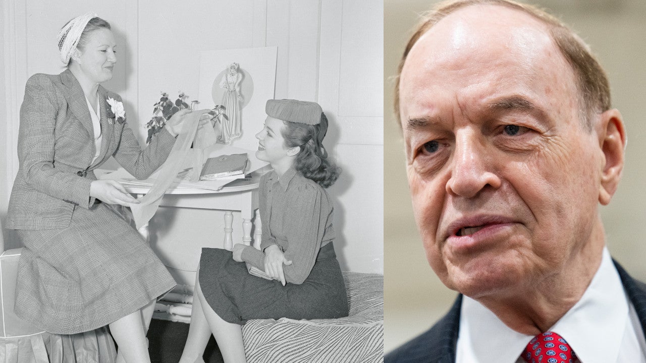 Peggy Moran, an actress with Universal, being shown nylon stockings in 1940 held by Vera West (left) Sen. Richard Shelby in 2021 (right)