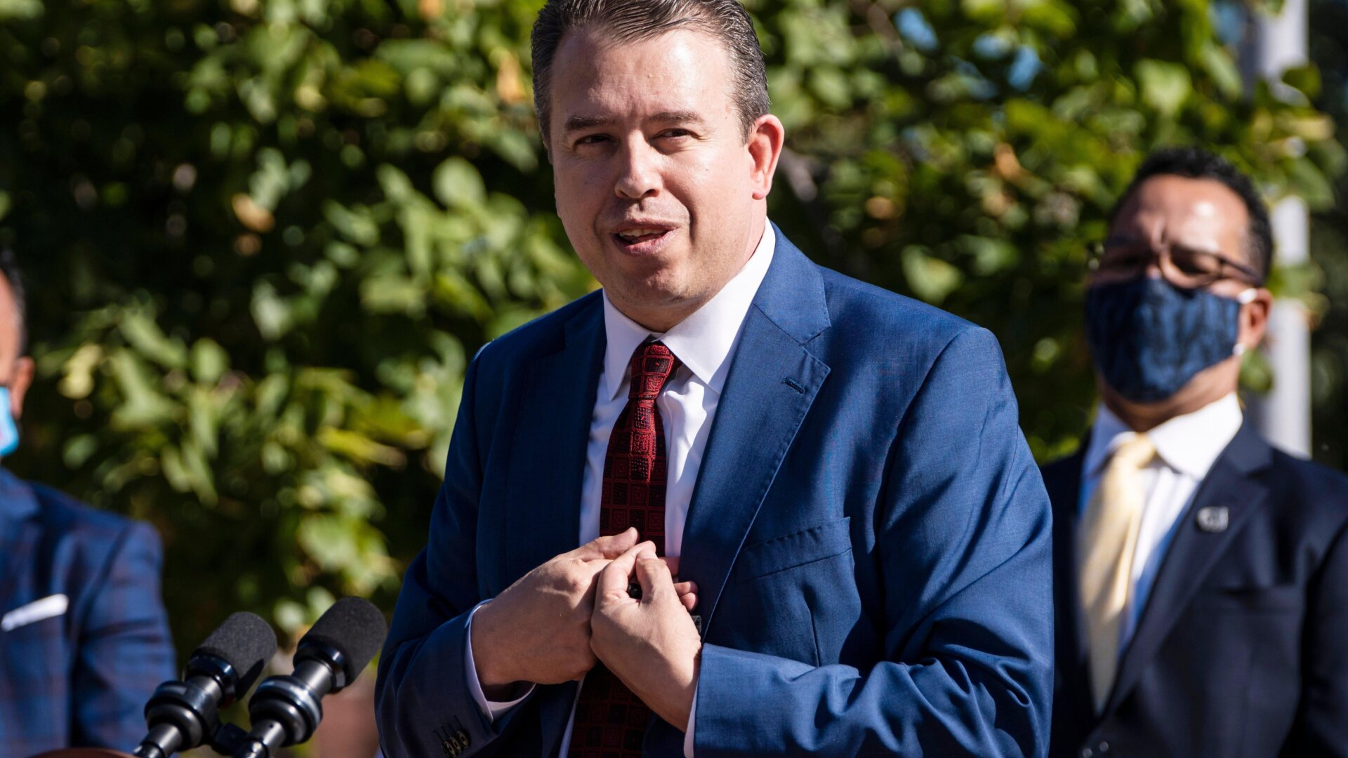 Pedro Martinez, CEO of Chicago Public Schools, speaks shortly after Mayor Lori Lightfoot during a news conference in Chicago on Sept. 15, 2021.