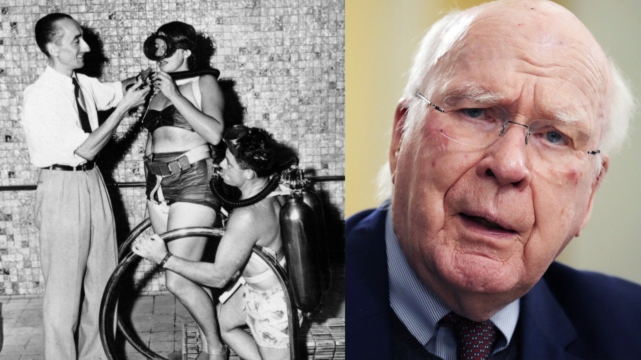 Jacques Cousteau showing off his aqualung diving equipment in New York in the 1940s (left) and Sen. Patrick Leahy in 2022 (right).