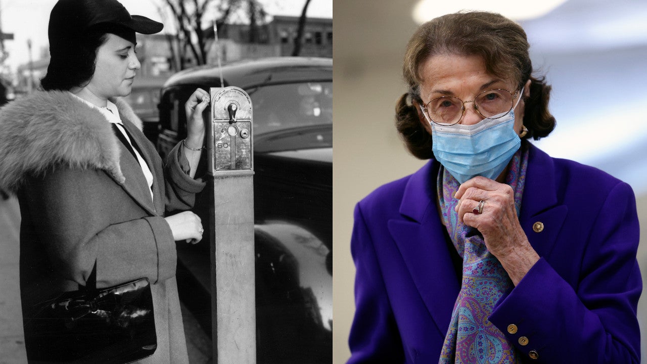  A driver inserting a nickel into a parking meter for an hour’s parking at White Plains, New York in 1938 (left) Diane Feinstein in 2021 (right).