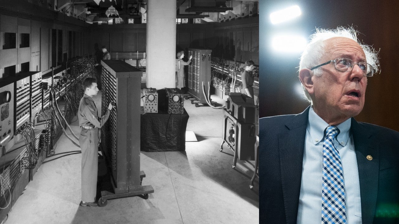 ENIAC computer in 1946 (left) Bernie Sanders in 2021 (right).