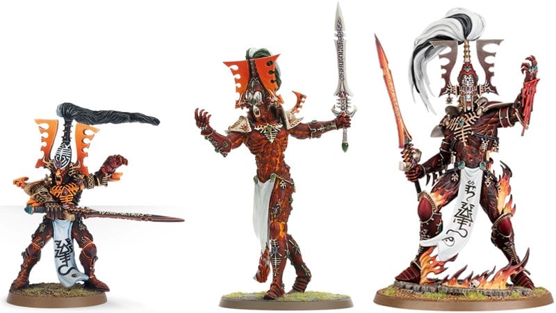 The original Avatar of Khaine, the 2006 update, and the upcoming 2022 release.