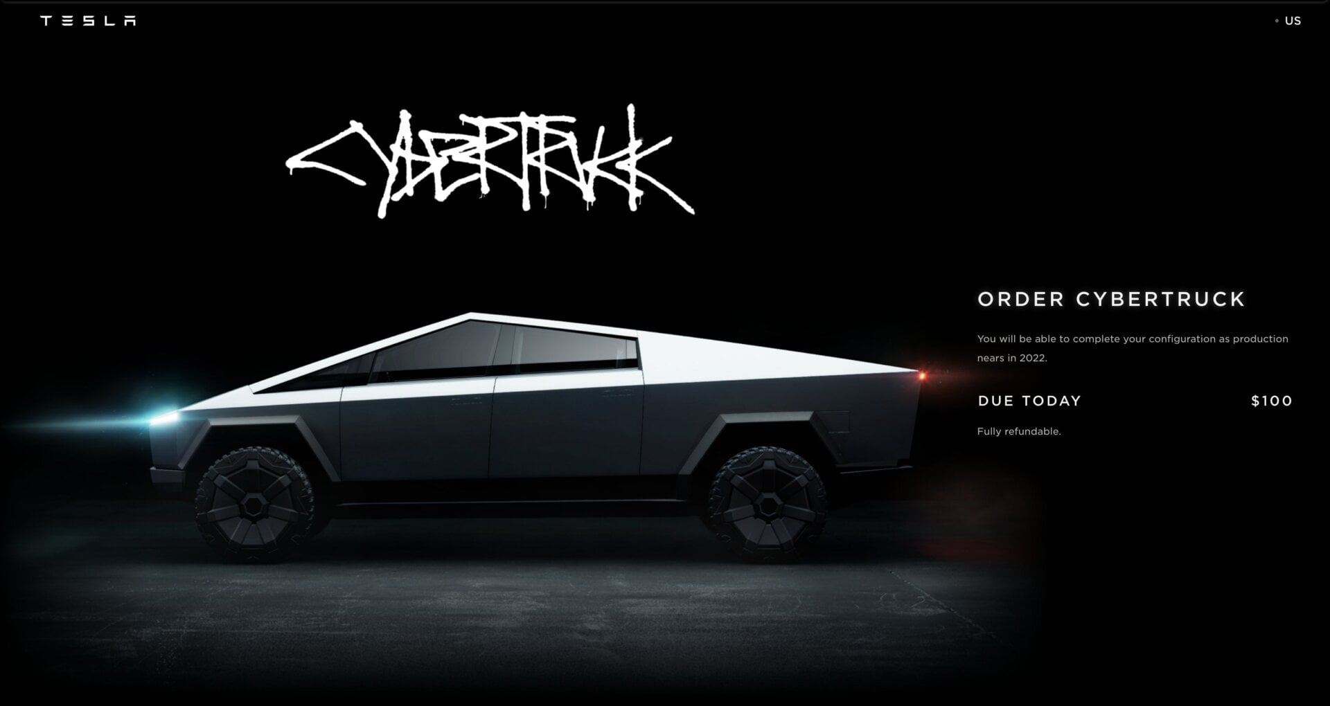 Tesla’s Cybertruck website as it appeared in early December 2021, before the year “2022" was purged.