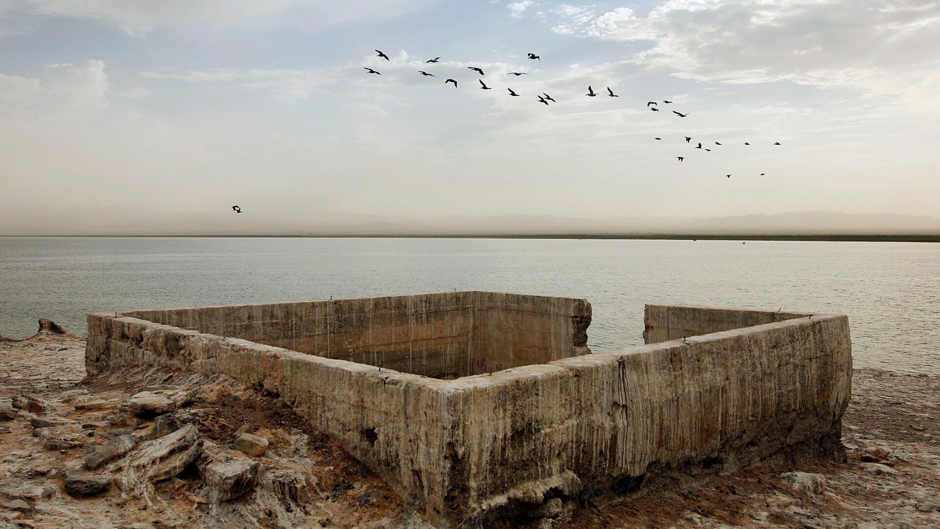 Foundations of buildings of an early 20th century resort that was used before the rising waters of the Salton Sea turned this hill into Mullet Island, one of the four Salton Buttes.