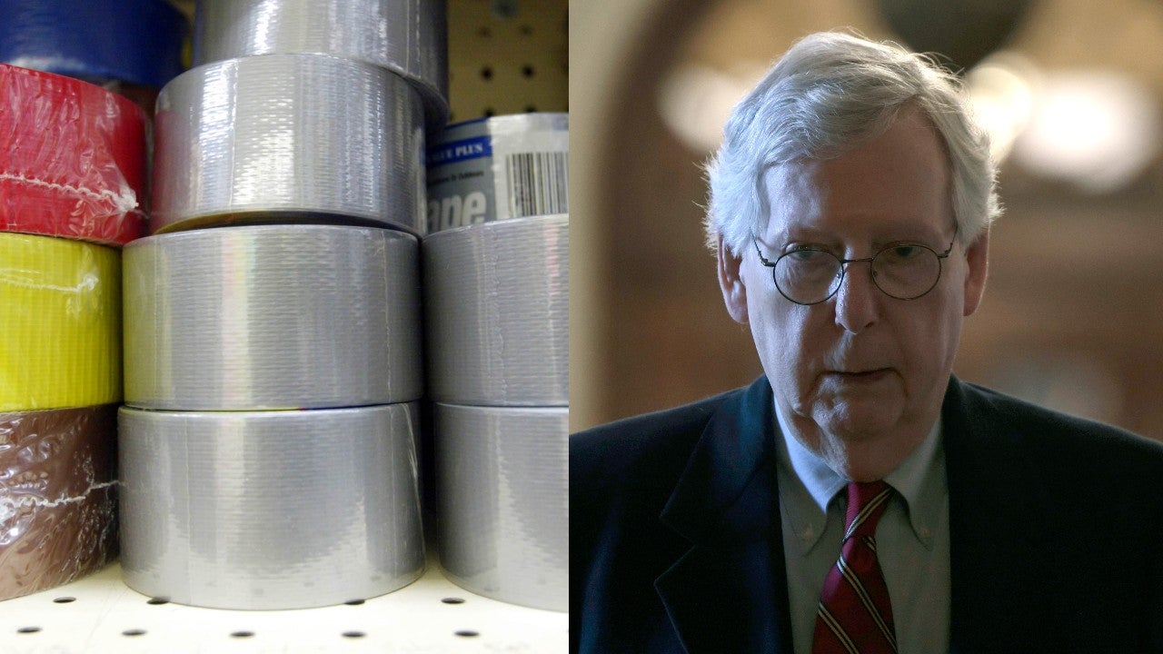 Rolls of duct tape at a hardware store (left) and Mitch McConnell in 2021 (right).