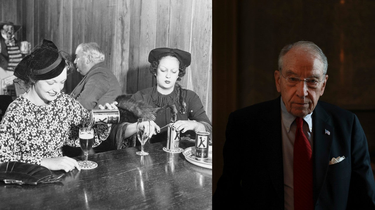 On of the first canned beers ever served in New York in 1935 (left) and Chuck Grassley in 2021 (right)