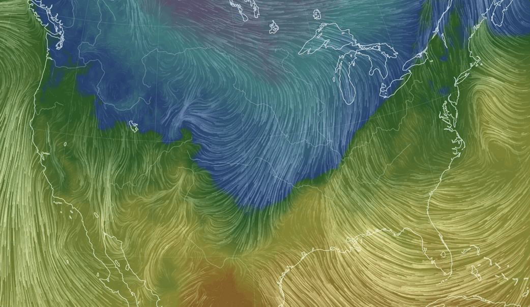 A model simulation of the cold air that’s slated to move into the U.S. this week, ranging from Tuesday afternoon to Friday morning.