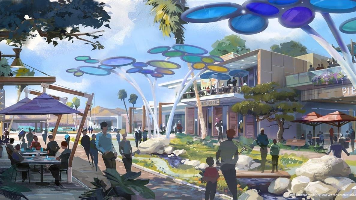 Concept art of the town square in a new Disney living community.