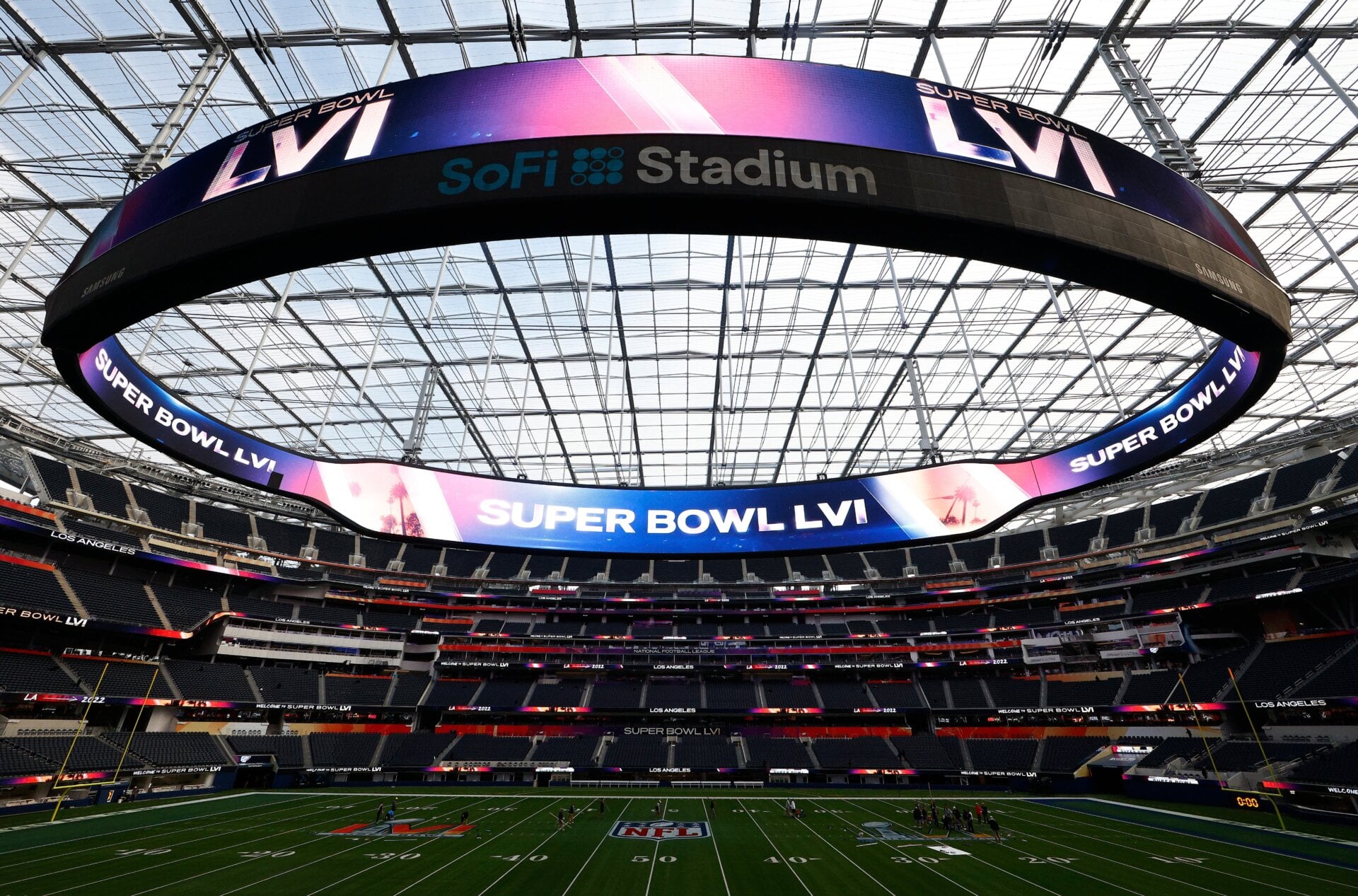 A view of SoFi Stadium as workers prepare for Super Bowl LVI on February 01, 2022 in Inglewood, California.