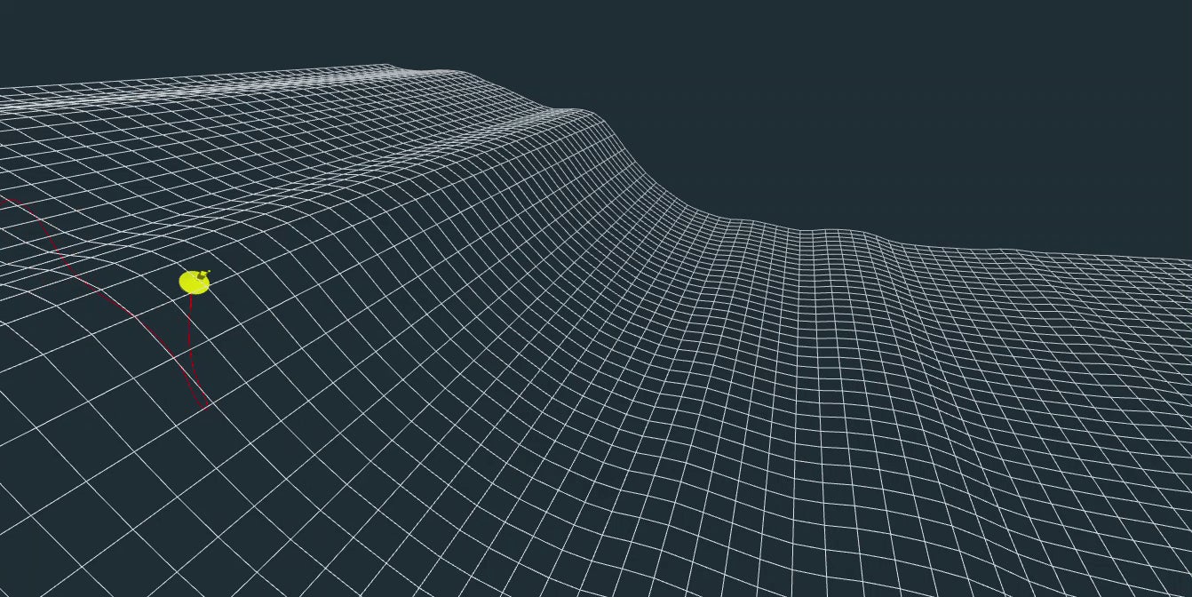 A simulated view of the rogue wave, showing the sensor buoy as tracks the passing swell.