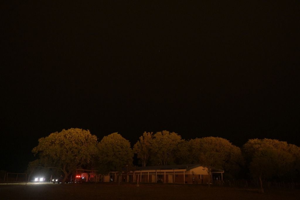 Rural school 584 General San Martin is iluminated by the fire at Paraje Uguay, Corrientes, Argentina. 