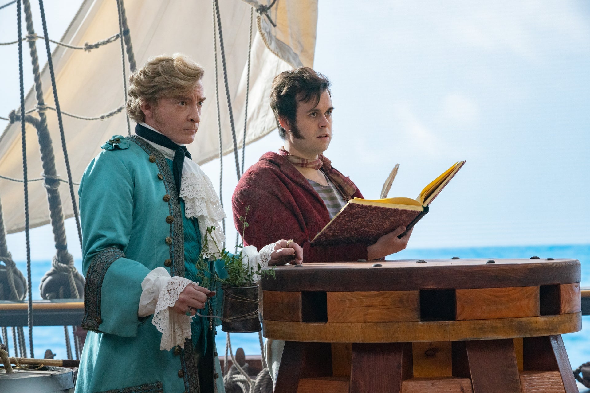Captain Stede Bonnet (Rhys Darby) and crew member Lucius (Nathan Foad) aboard the Revenge.